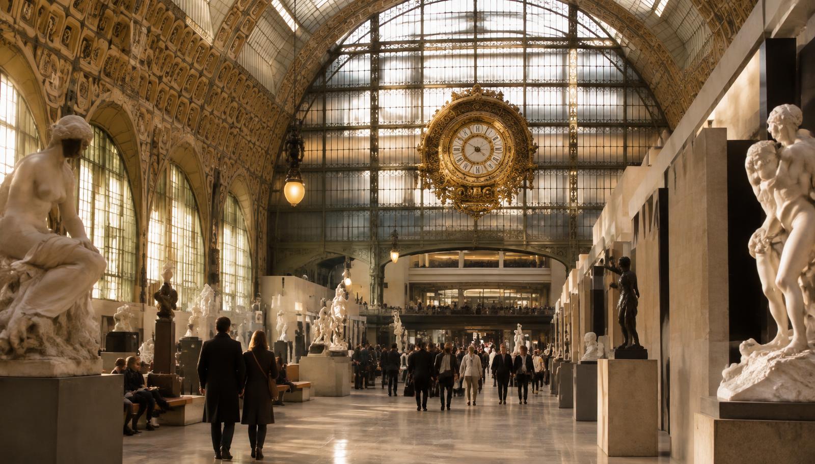 The grand nave of the museum with its golden clock
